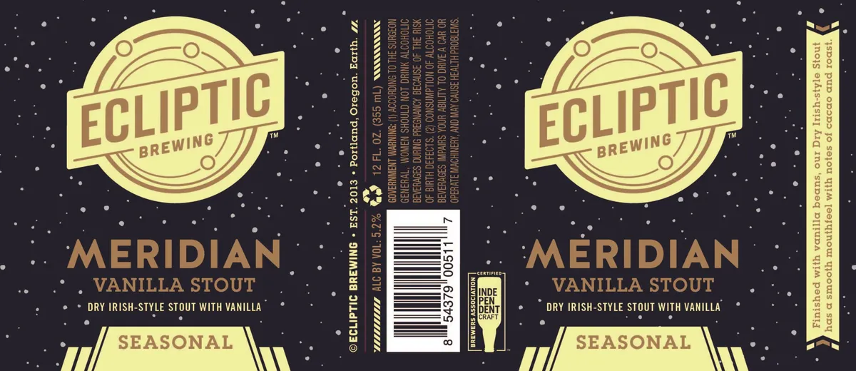 Meridian Vanilla Stout label art — MERIDIAN DRY IRISH-STYLE VANILLA STOUT