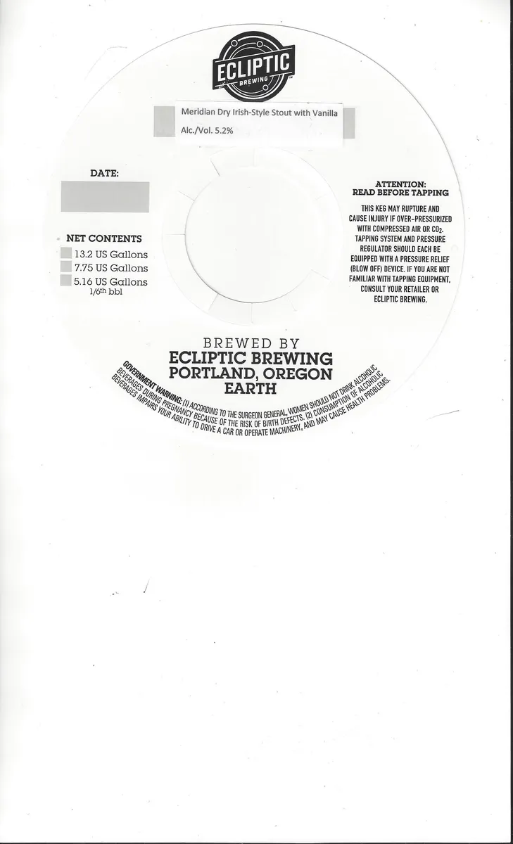 Meridian Dry Irish-Style Stout with Vanilla — full label as filed with TTB