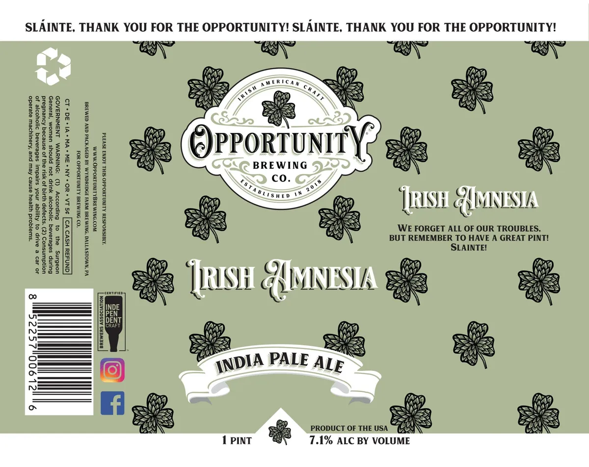 Irish Amnesia — full label as filed with TTB