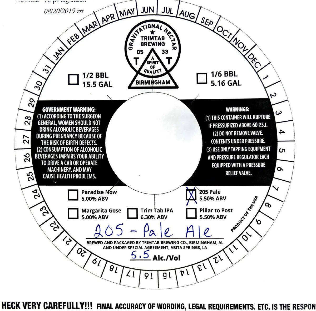 205 Pale Ale — full label as filed with TTB