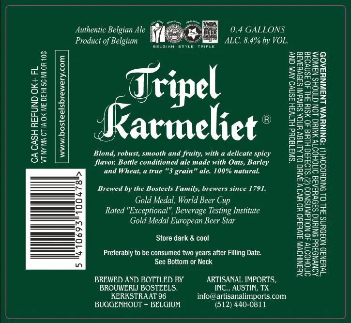 Tripel Karmeliet — full label as filed with TTB