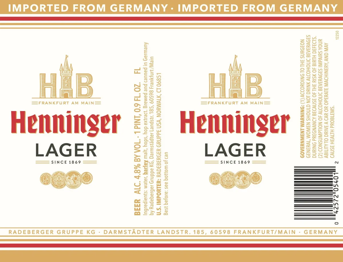 Henninger Lager — full label as filed with TTB