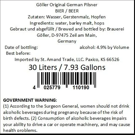 Göller Original German Pilsner — full label as filed with TTB