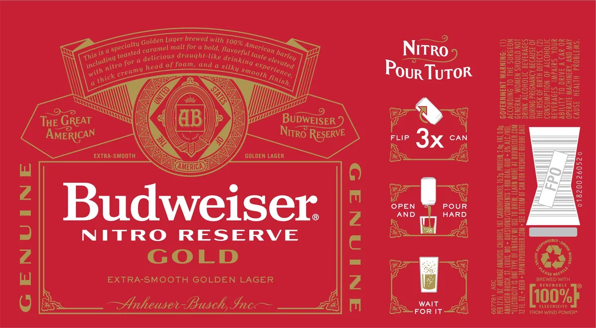 Budweiser Nitro Reserve Gold — full label as filed with TTB