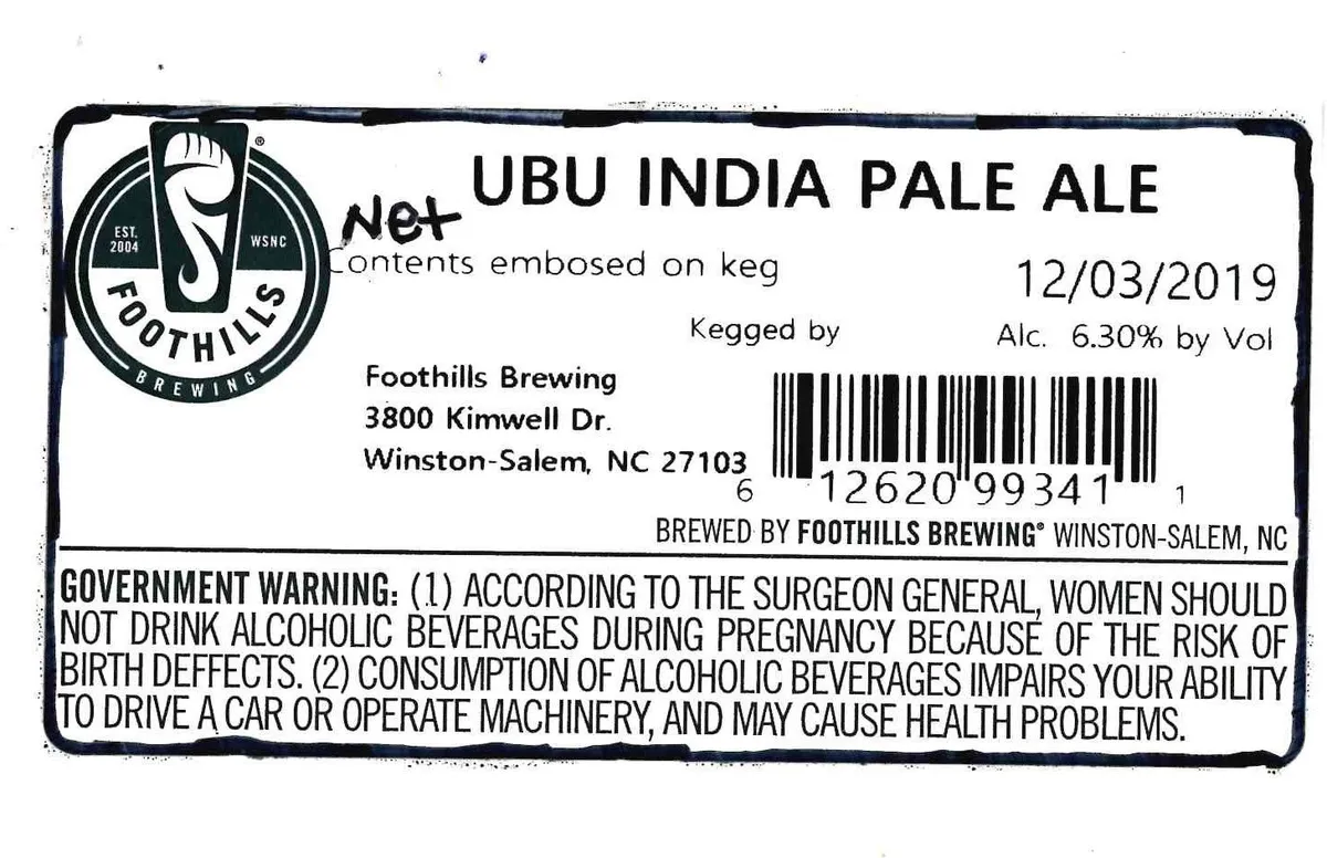 Ubu India Pale Ale — full label as filed with TTB