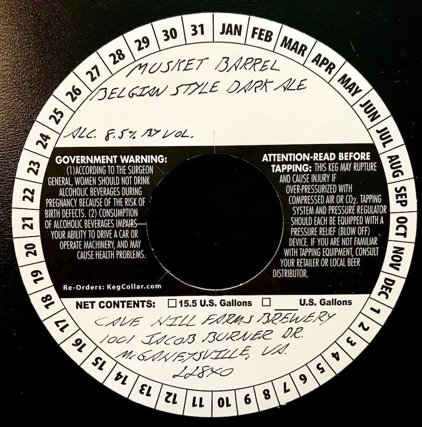 Musket Barrel Belgian Style Dark Ale — full label as filed with TTB