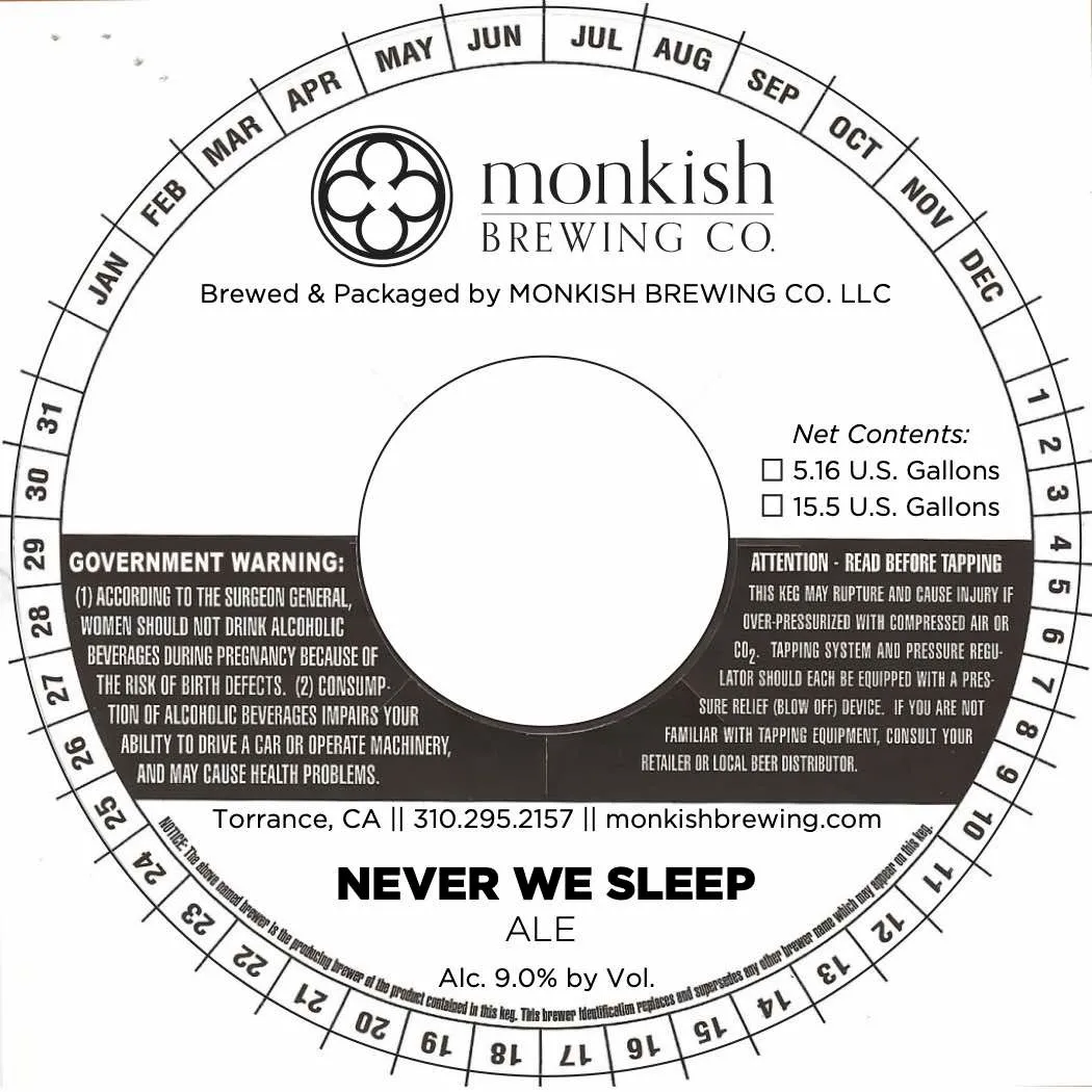 Never We Sleep — full label as filed with TTB