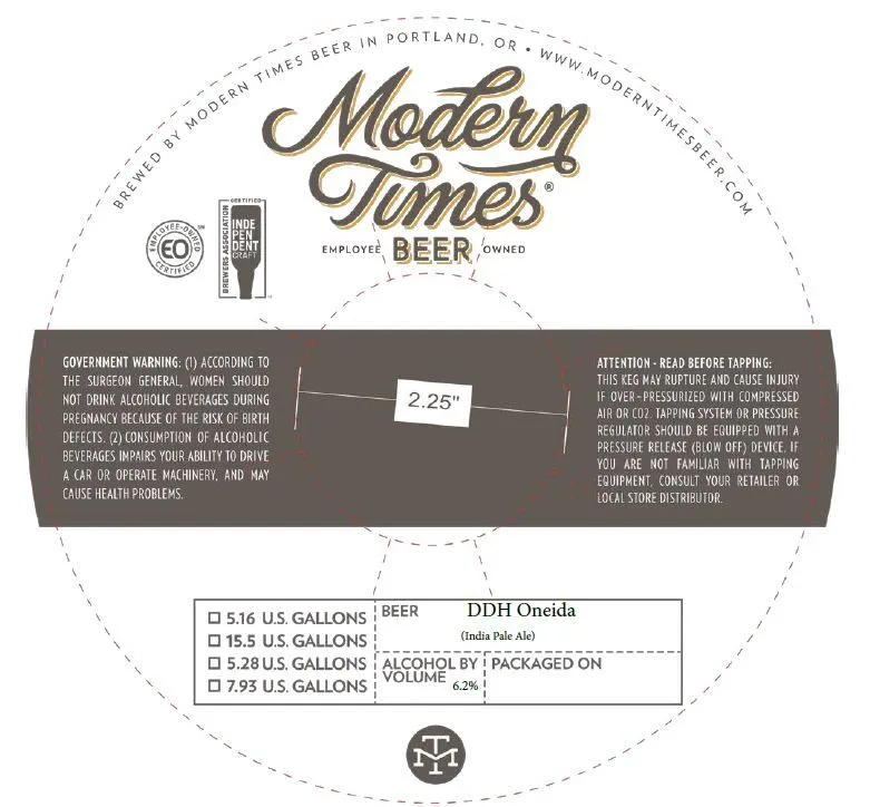 DDH Oneida — full label as filed with TTB