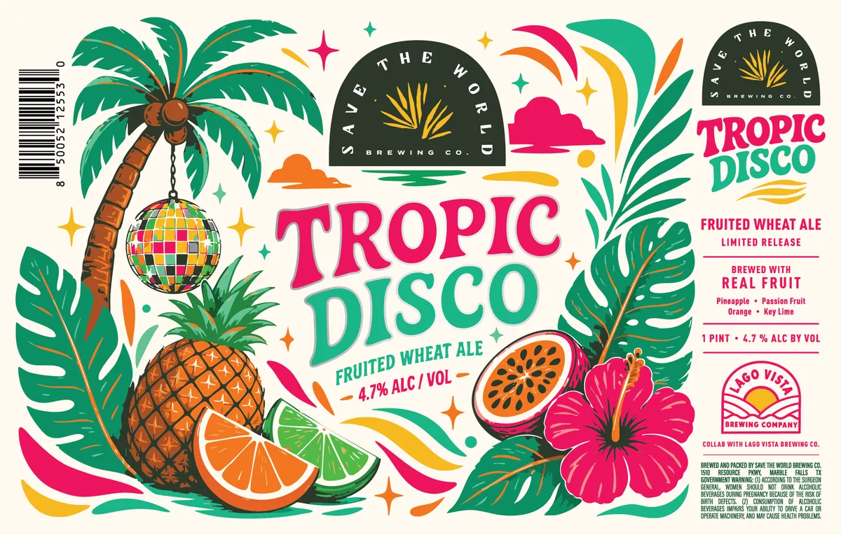Tropic Disco label art — SAVE THE WORLD BREWING CO