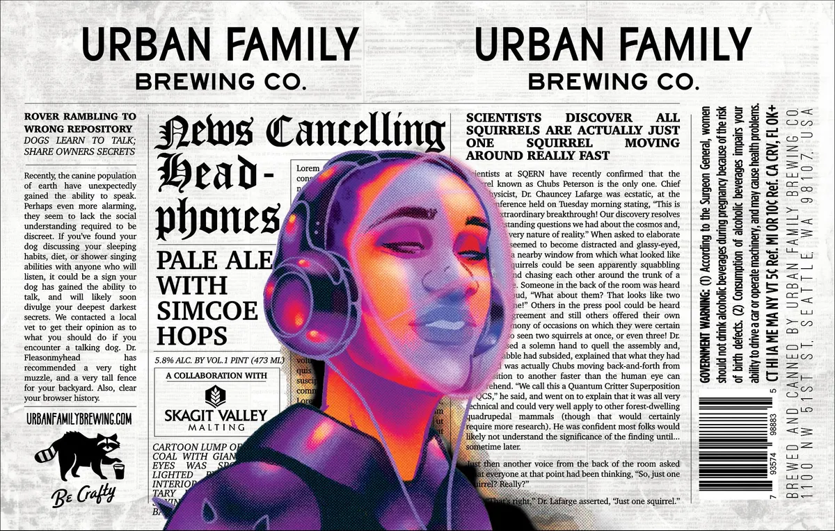 News Cancelling Head-phones label art — URBAN FAMILY BREWING CO.