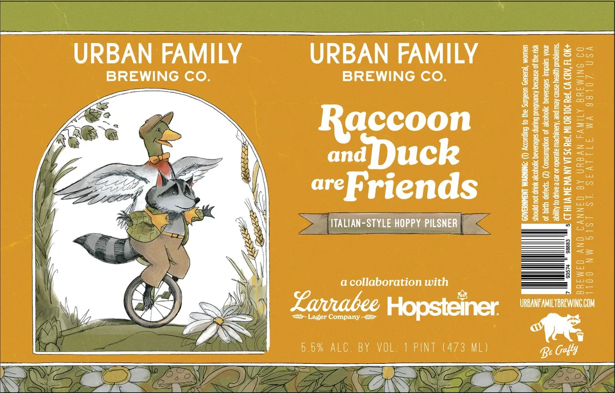 Raccoon and Duck are Friends label art — URBAN FAMILY BREWING CO.
