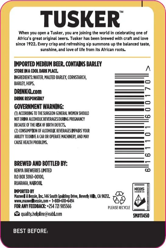Tusker Finest Kenyan Lager — full label as filed with TTB