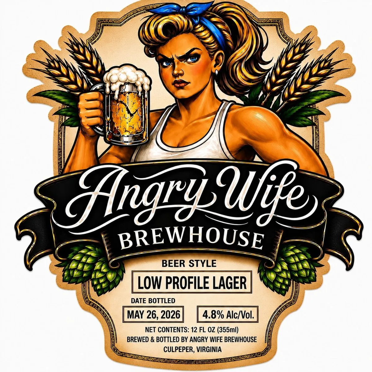 Low Profile Lager label art — ANGRY WIFE BREWHOUSE