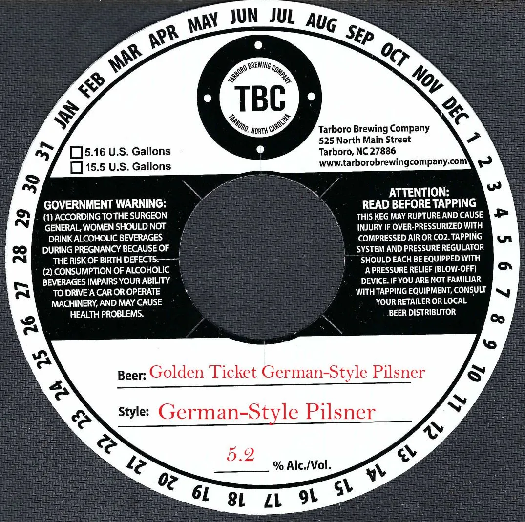 Golden Ticket German-Style Pilsner label art — TARBORO BREWING COMPANY
