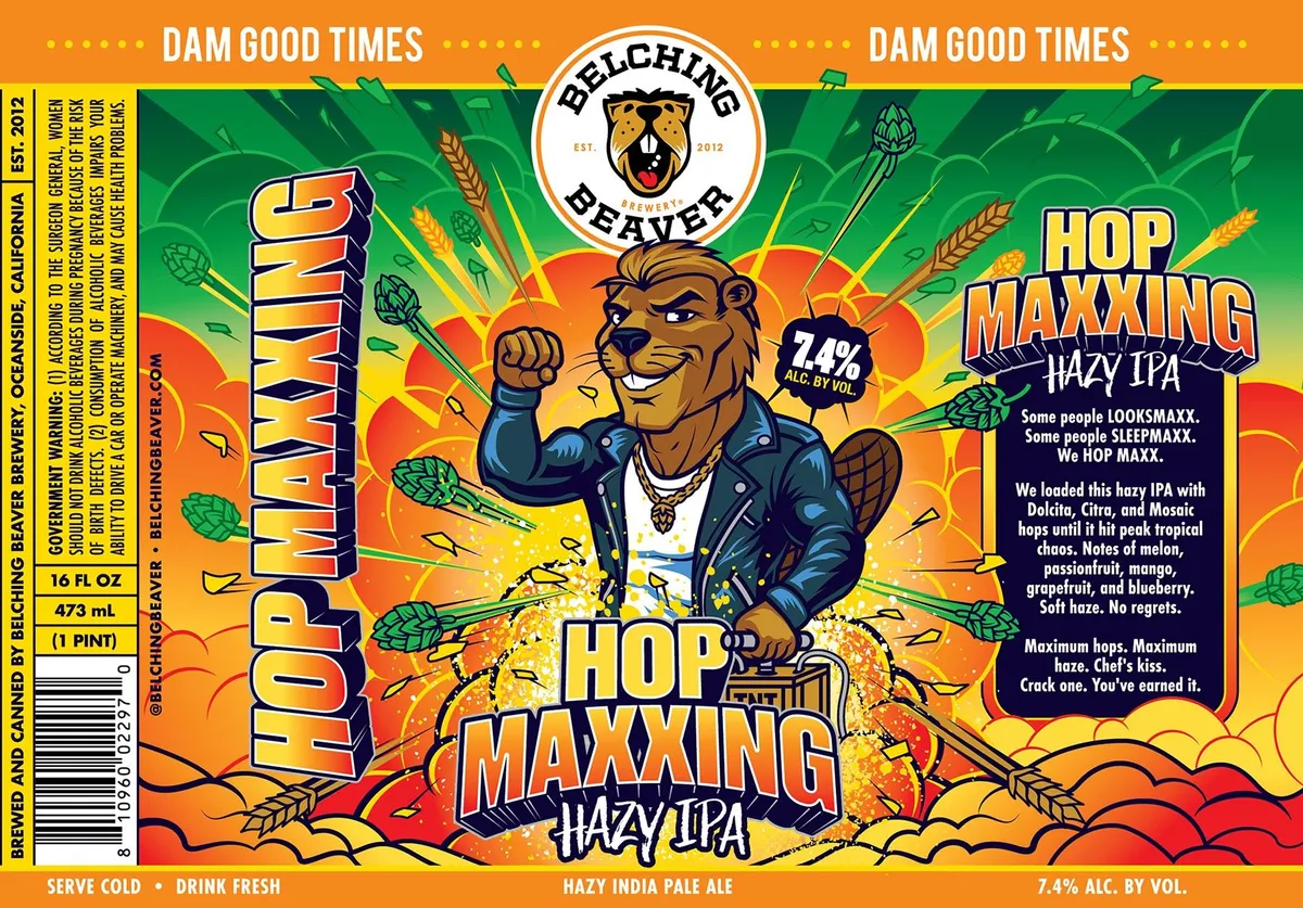 Hop Maxxing label art — BELCHING BEAVER BREWERY