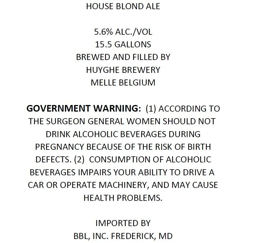 House Blond Ale — full label as filed with TTB