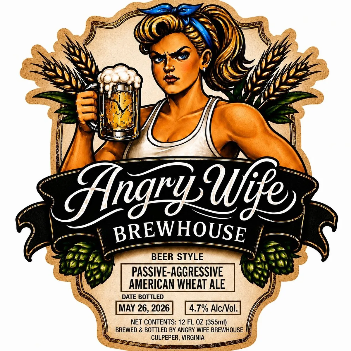 Passive-Aggressive American Wheat Ale label art — ANGRY WIFE BREWHOUSE