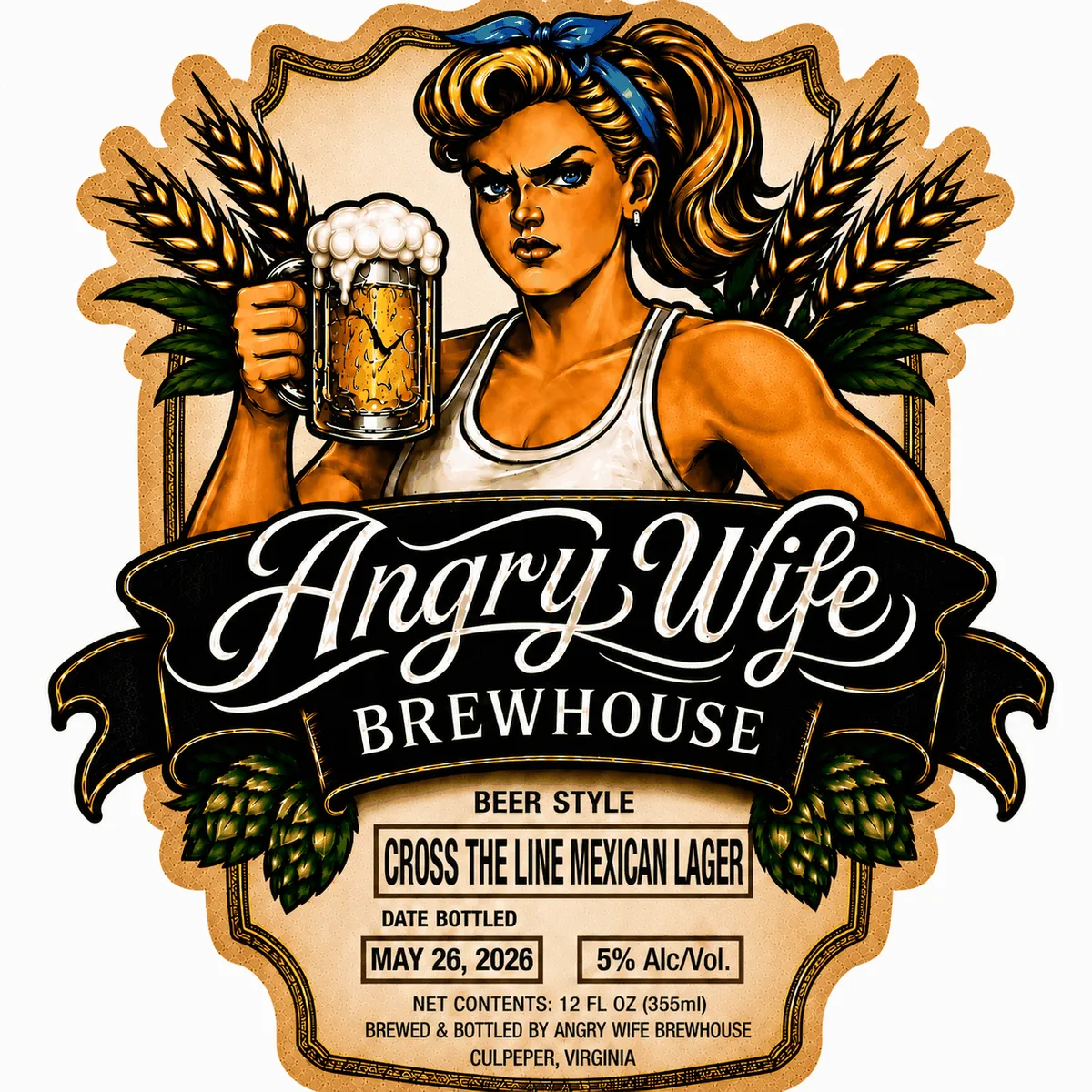 Cross the Line Mexican Lager label art — ANGRY WIFE BREWHOUSE