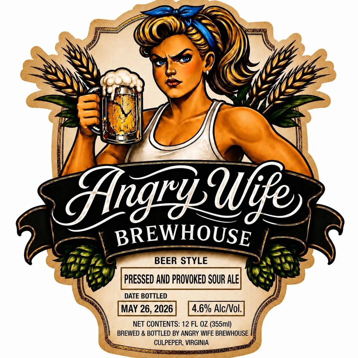 Pressed and Provoked Sour Ale label art — ANGRY WIFE BREWHOUSE