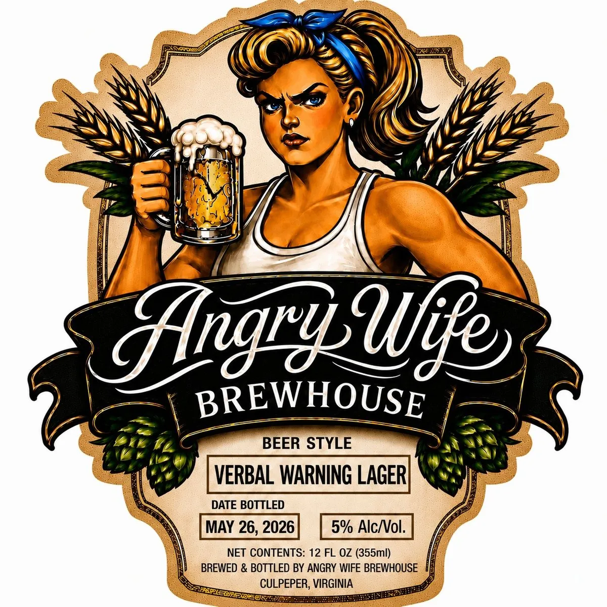 Verbal Warning Lager label art — ANGRY WIFE BREWHOUSE