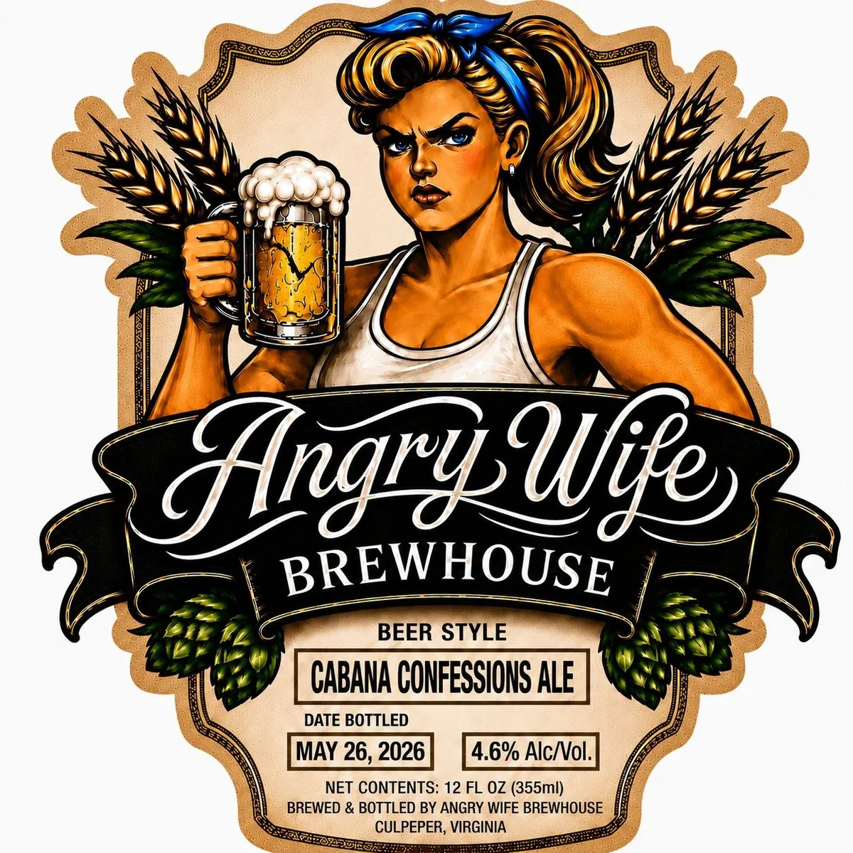 Cabana Confessions Ale label art — ANGRY WIFE BREWHOUSE