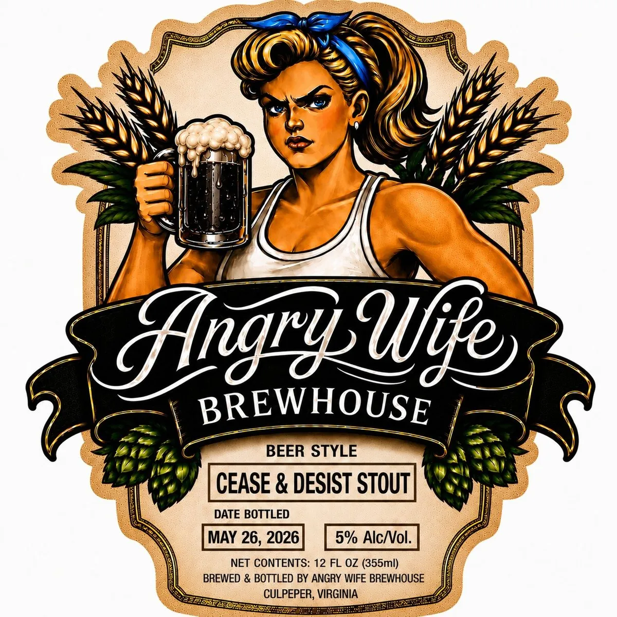 Cease & Desist Stout label art — ANGRY WIFE BREWHOUSE