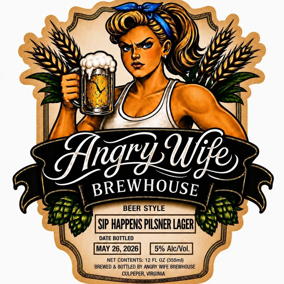 Sip Happens Pilsner Lager label art — ANGRY WIFE BREWHOUSE