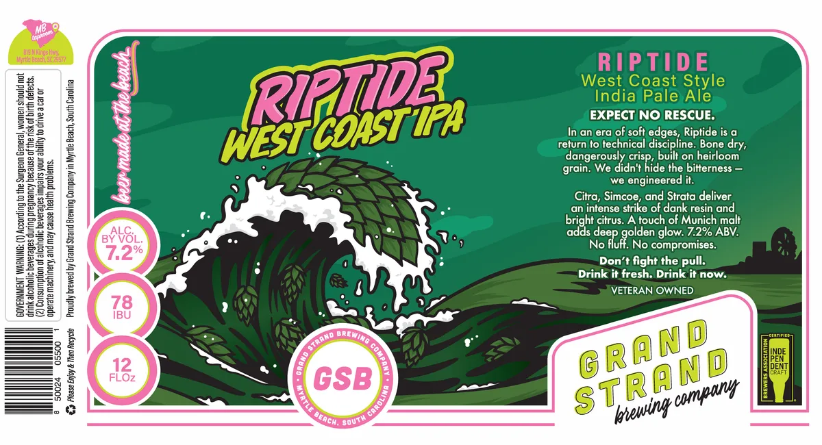 Riptide West Coast IPA label art — GRAND STRAND BREWING