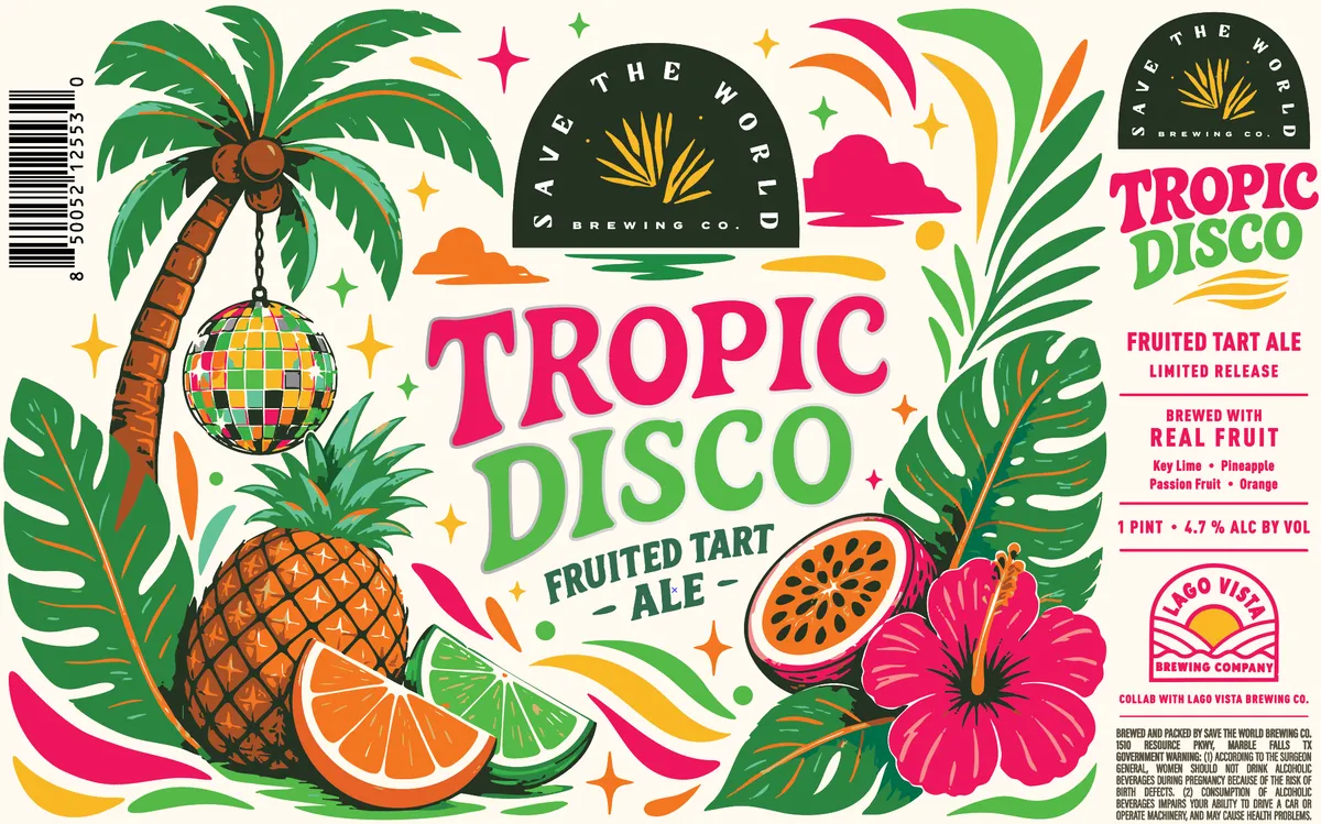 Tropic Disco label art — SAVE THE WORLD BREWING CO