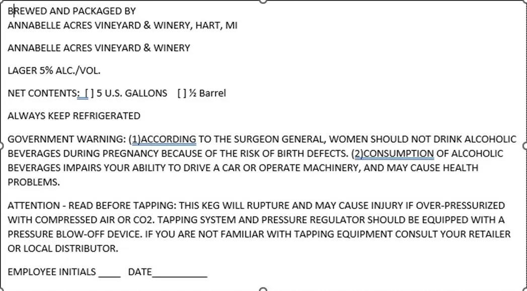 Annabelle Acres Vineyard & Winery Lager — full label as filed with TTB