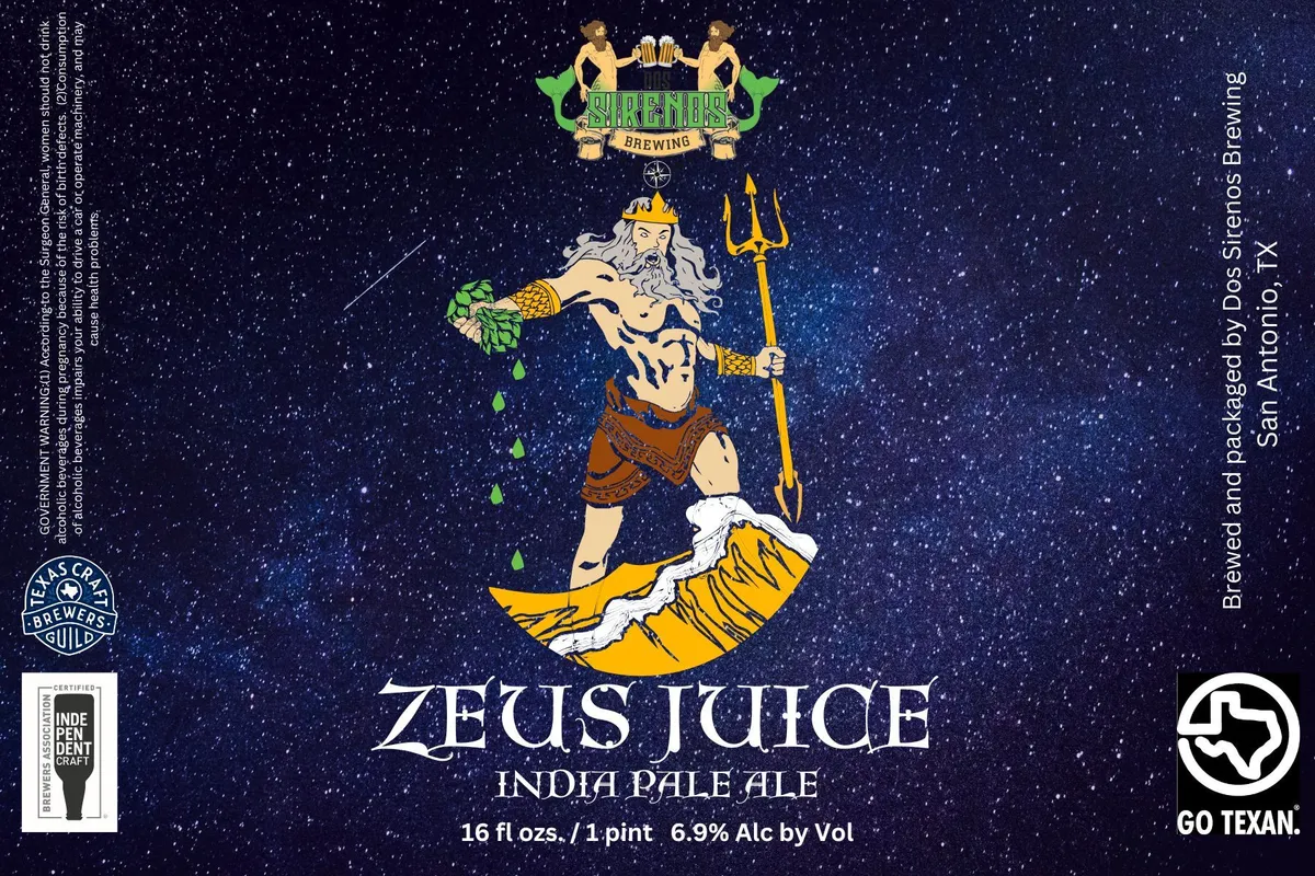 Zeus Juice label art — DOS SIRENOS BREWING