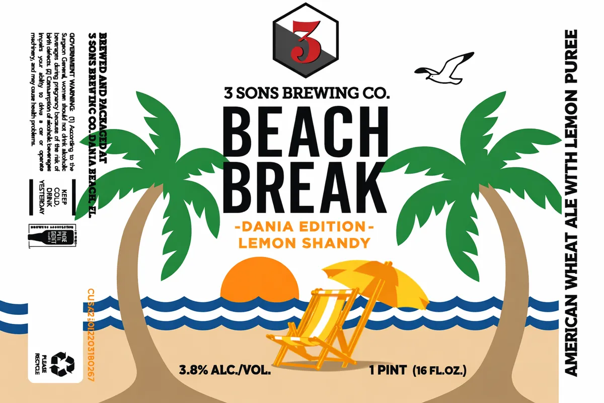 Beach Break Dania Edition Lemon Shandy label art — 3 SONS BREWING CO