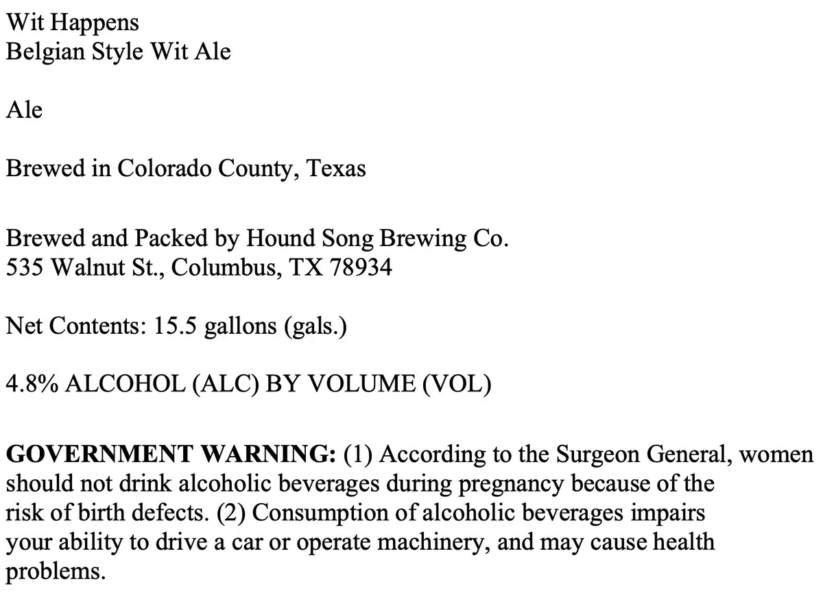 Wit Happens Belgian Style Wit Ale — full label as filed with TTB