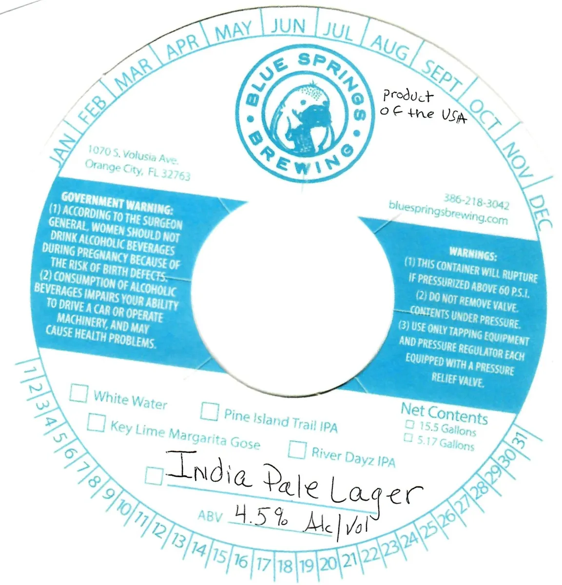 India Pale Lager label art — BLUE SPRINGS BREWING