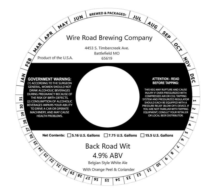 Back Road Wit — full label as filed with TTB