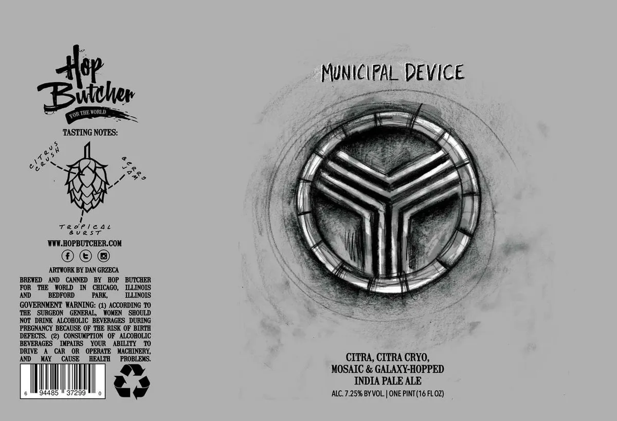 Municipal Device label art — HOP BUTCHER FOR THE WORLD
