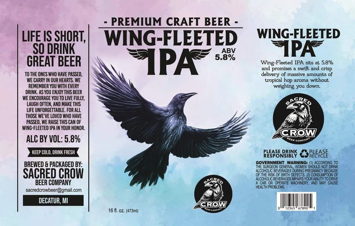 Wing-Fleeted IPA label art — SACRED CROW BEER COMPANY