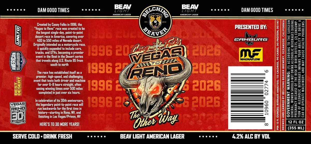 Casey Folks Vegas To Reno label art — BELCHING BEAVER BREWERY