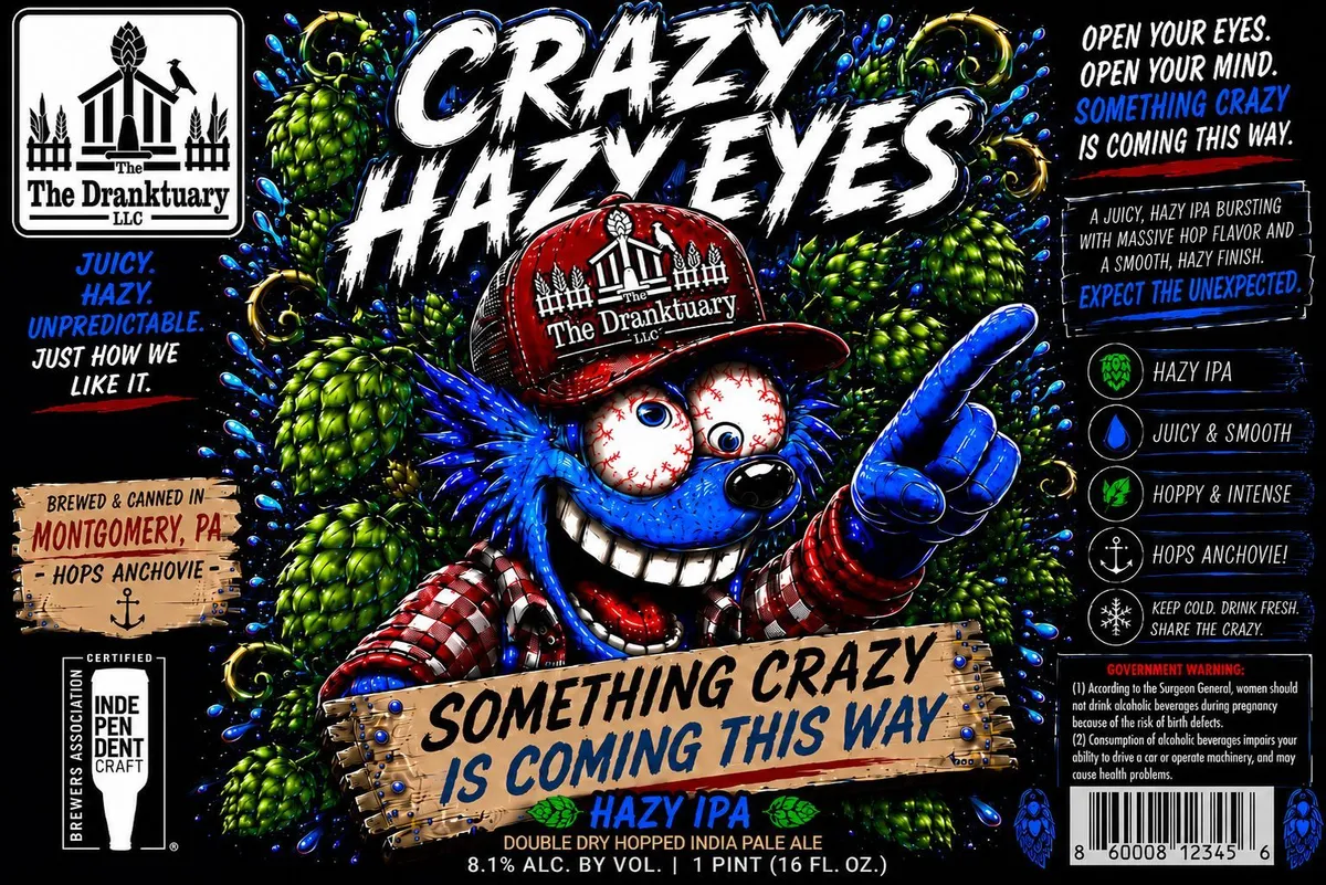 Crazy Hazy Eyes label art — CRAZY HAZY EYES
HAZY IPA
DOUBLE DRY HOPPED INDIA PALE ALE