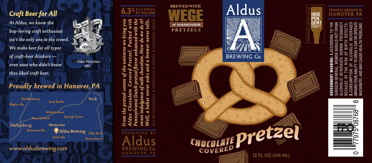 Chocolate Covered Pretzel label art — ALDUS BREWING CO.