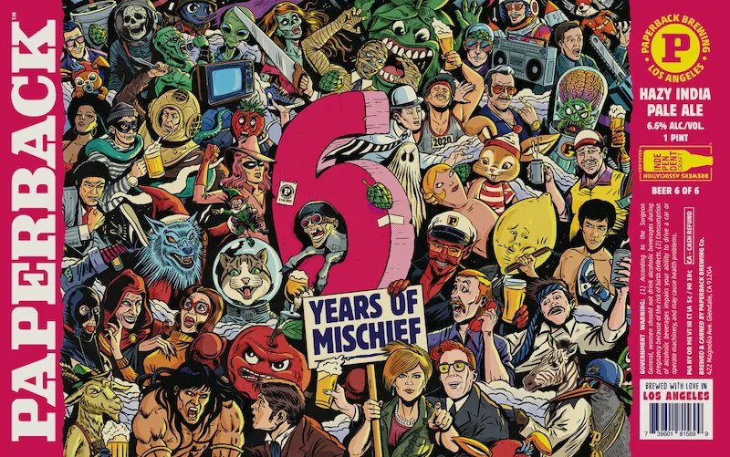 6 Years of Mischief label art — PAPERBACK BREWING