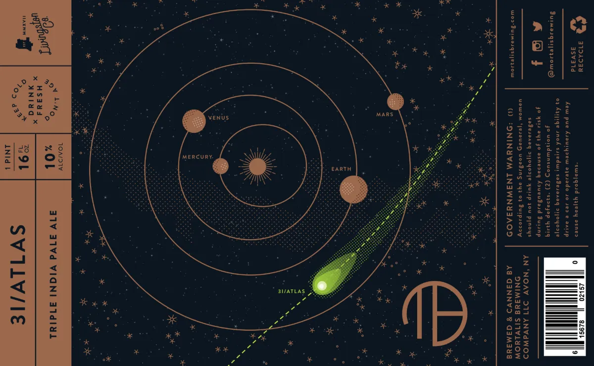 3I/ATLAS label art — MORTALIS BREWING COMPANY