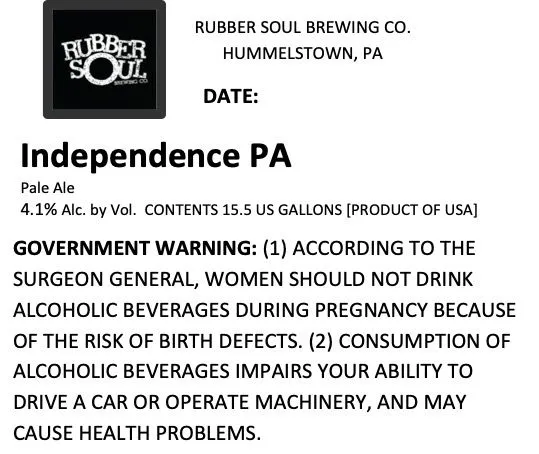Independence PA — full label as filed with TTB