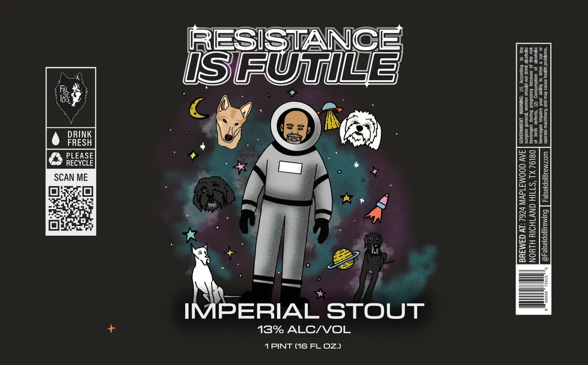 Resistance Is Futile Imperial Stout label art — FALSE IDOL BREWING