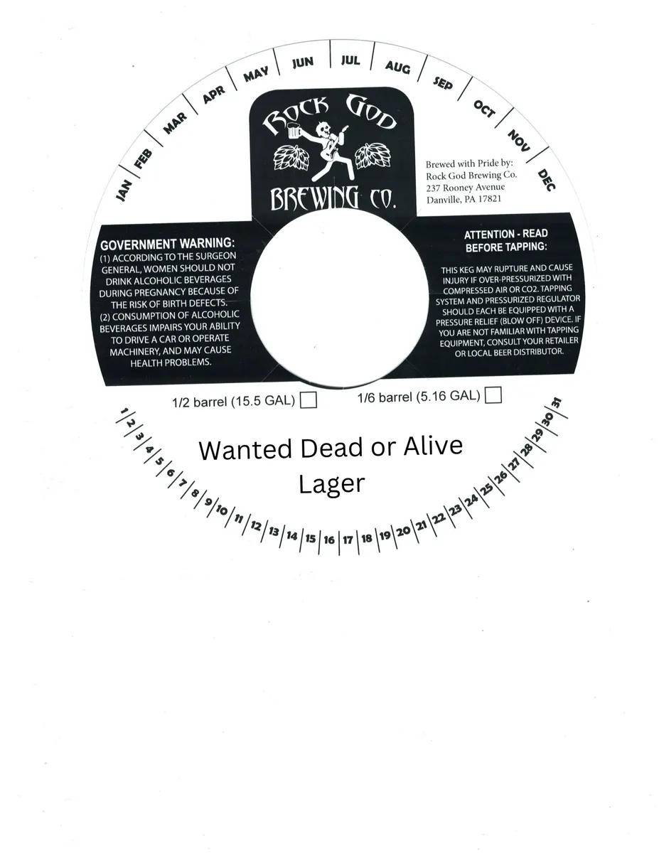 Wanted Dead or Alive Lager label art — ROCK GOD BREWING CO.