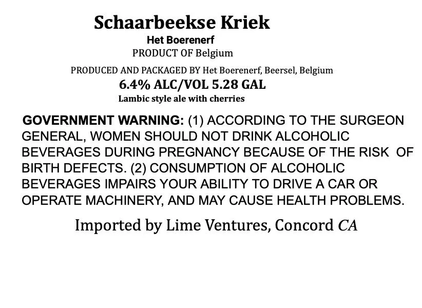 Schaarbeekse Kriek — full label as filed with TTB