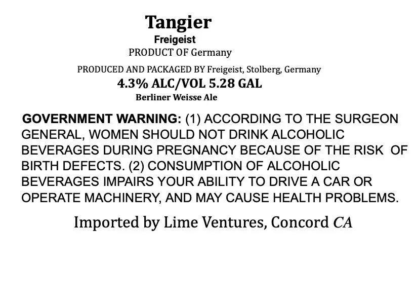 Tangier — full label as filed with TTB
