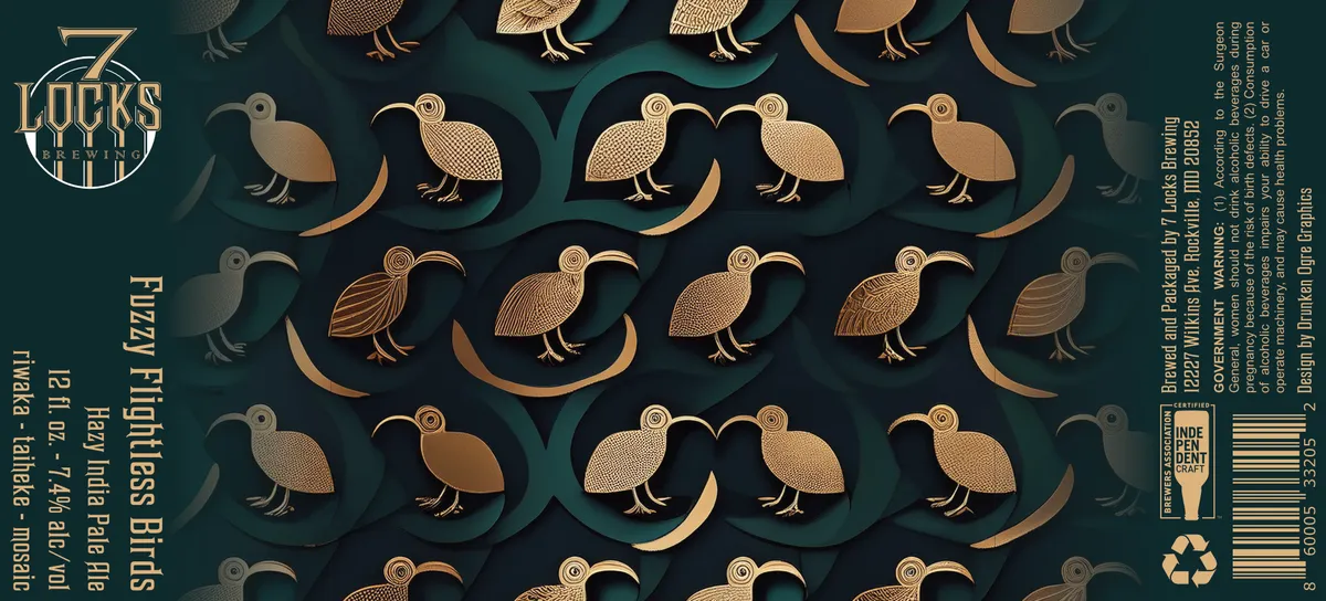 Fuzzy Flightless Birds label art — 7 LOCKS BREWING