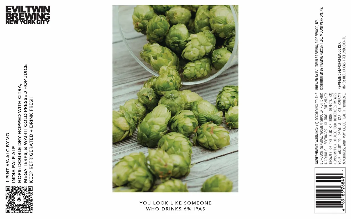 You Look Like Someone Who Drinks 6% IPA label art — EVIL TWIN BREWING NEW YORK CITY