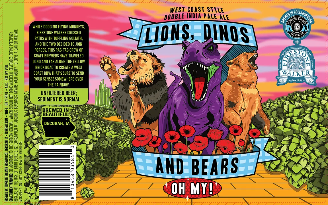 Lions, Dinos and Bears Oh My! label art — TOPPLING GOLIATH BREWING CO.